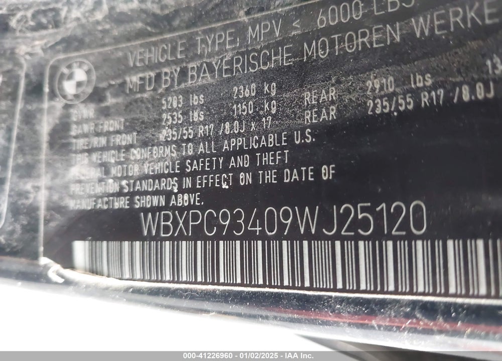 2009 BMW X3 XDRIVE30I VIN: WBXPC93409WJ25120