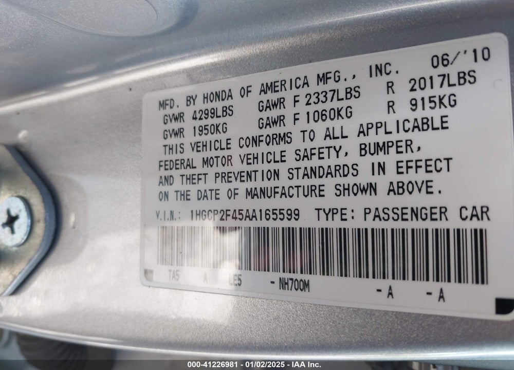 2010 HONDA ACCORD 2.4 LX-P VIN: 1HGCP2F45AA165599