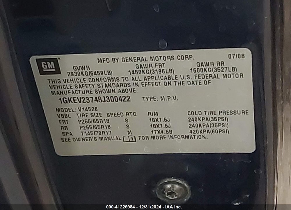 2008 GMC ACADIA SLT-1 VIN: 1GKEV23748J300422