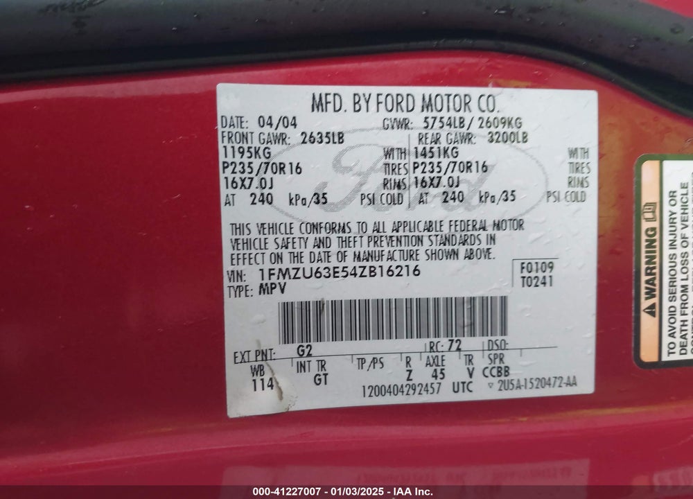 2004 FORD EXPLORER XLT VIN: 1FMZU63E54ZB16216