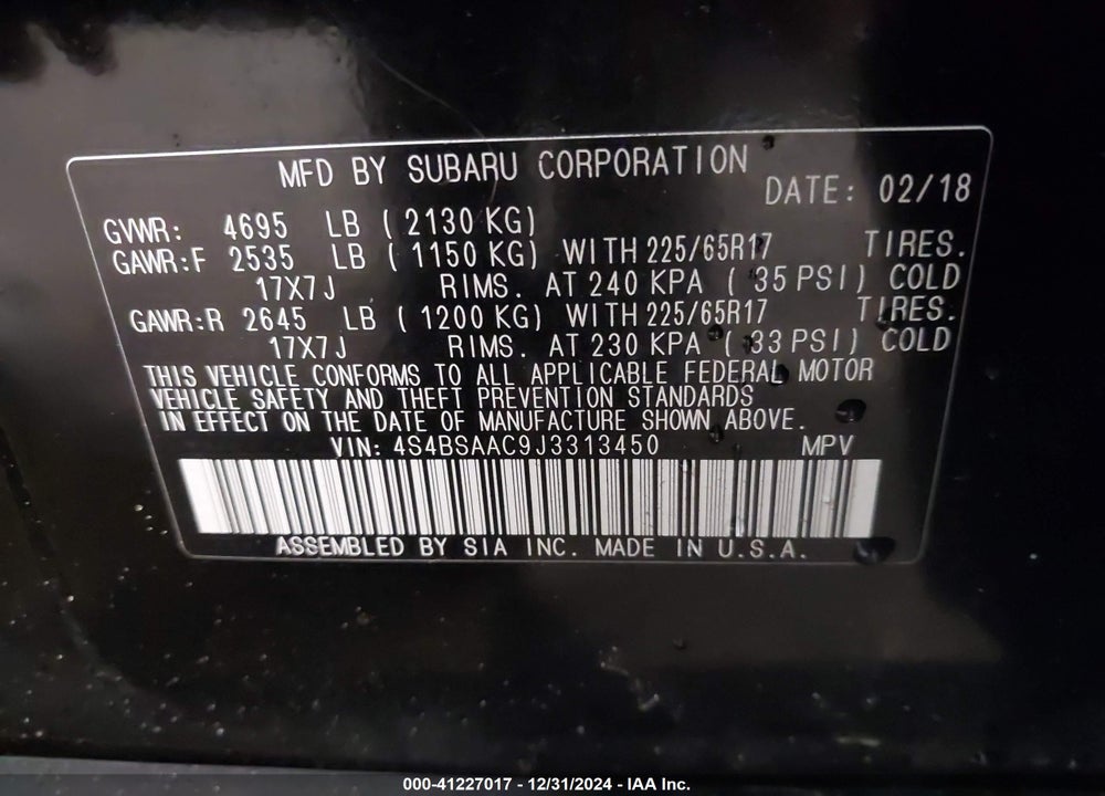 2018 SUBARU OUTBACK 2.5I VIN: 4S4BSAAC9J3313450
