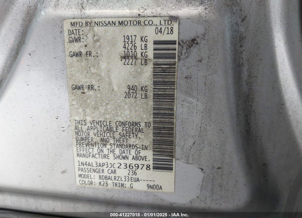 2018 NISSAN ALTIMA VIN: 1N4AL3AP3JC236978