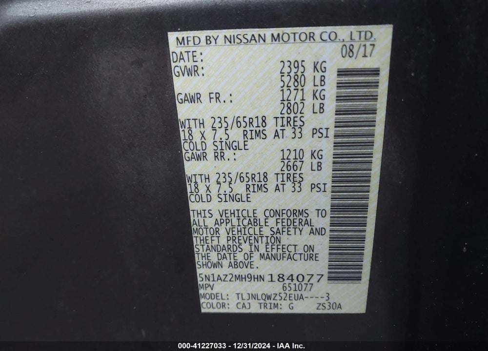 2017 NISSAN MURANO SV VIN: 5N1AZ2MH9HN184077