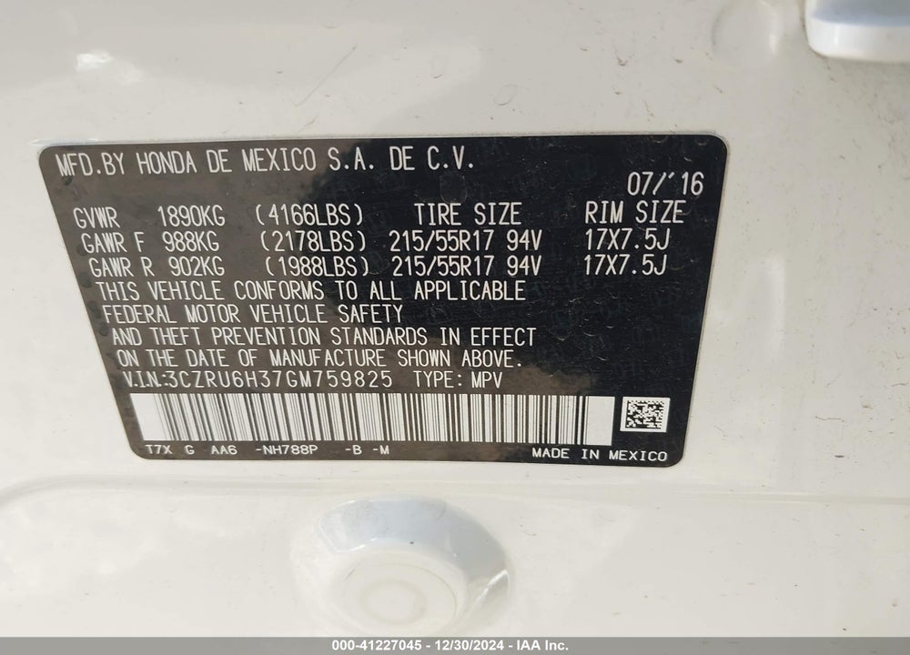 2016 HONDA HR-V LX VIN: 3CZRU6H37GM759825
