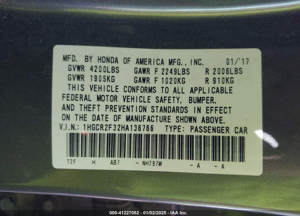 2017 HONDA ACCORD LX VIN: 1HGCR2F32HA136766