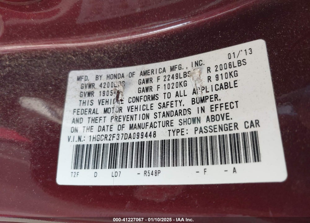 2013 HONDA ACCORD LX VIN: 1HGCR2F37DA099448