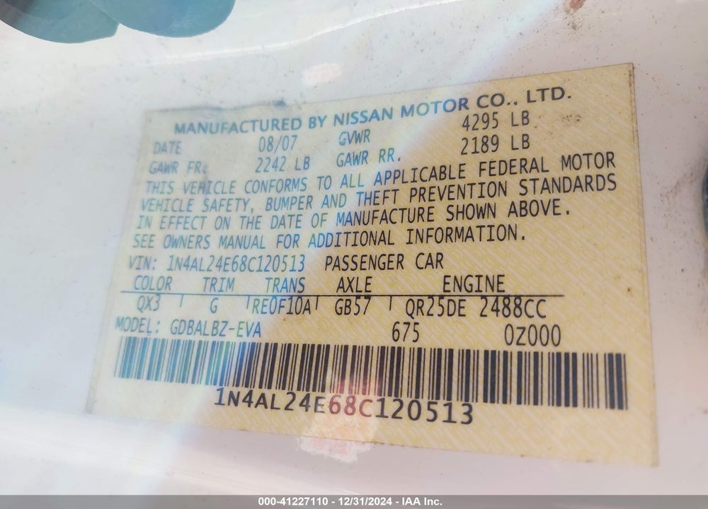 2008 NISSAN ALTIMA 2.5 S VIN: 1N4AL24E68C120513