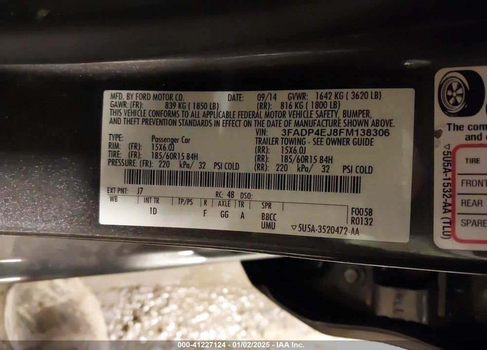 2015 FORD FIESTA VIN: 3FADP4EJ8FM138306