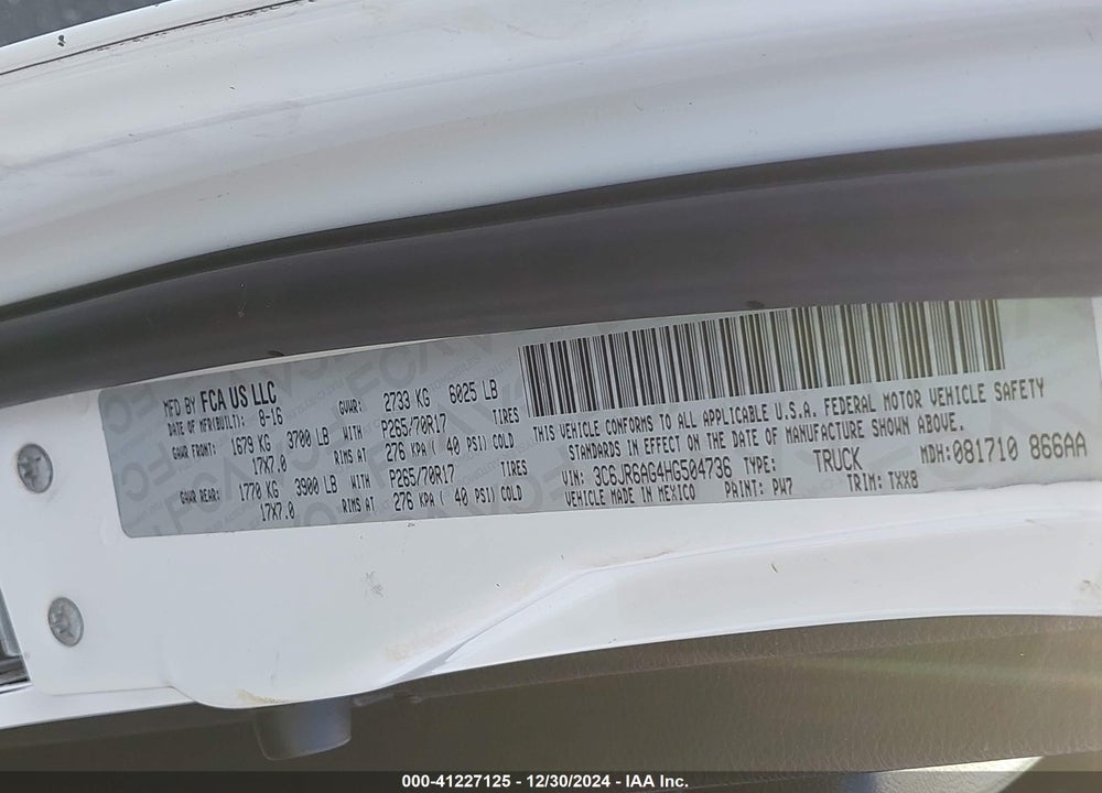2017 RAM 1500 VIN: 3C6JR6AG4HG504736