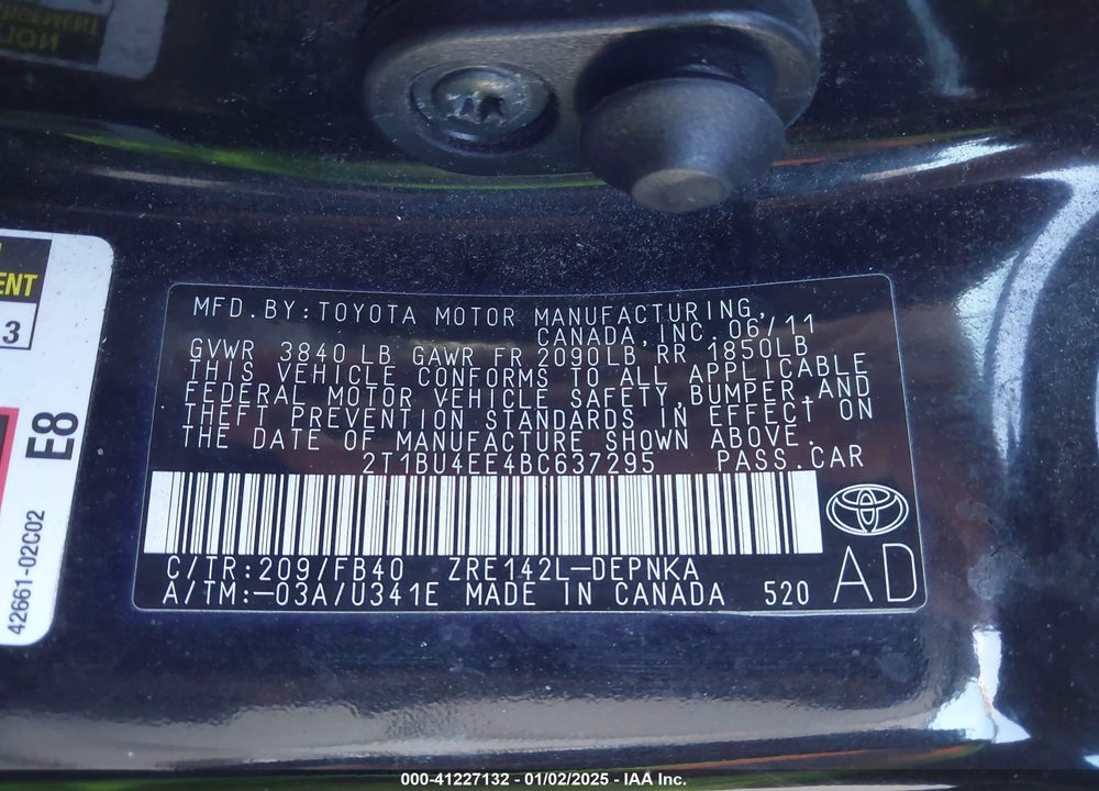 2011 TOYOTA COROLLA VIN: 2T1BU4EE4BC637295