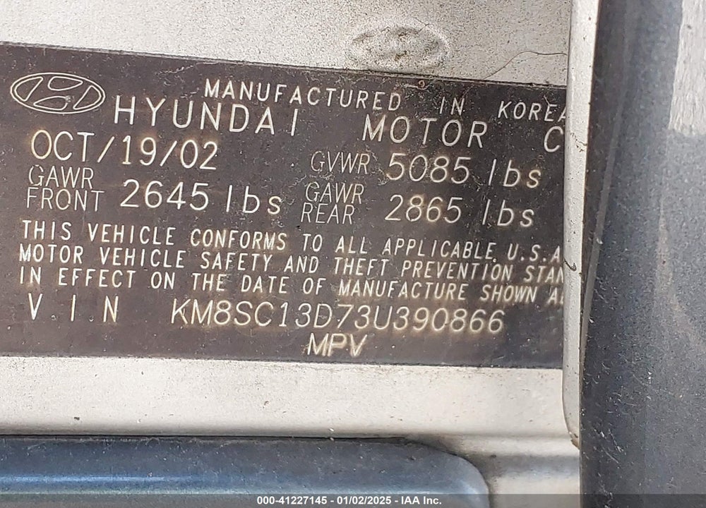 2003 HYUNDAI SANTA FE GLS/LX VIN: KM8SC13D73U390866
