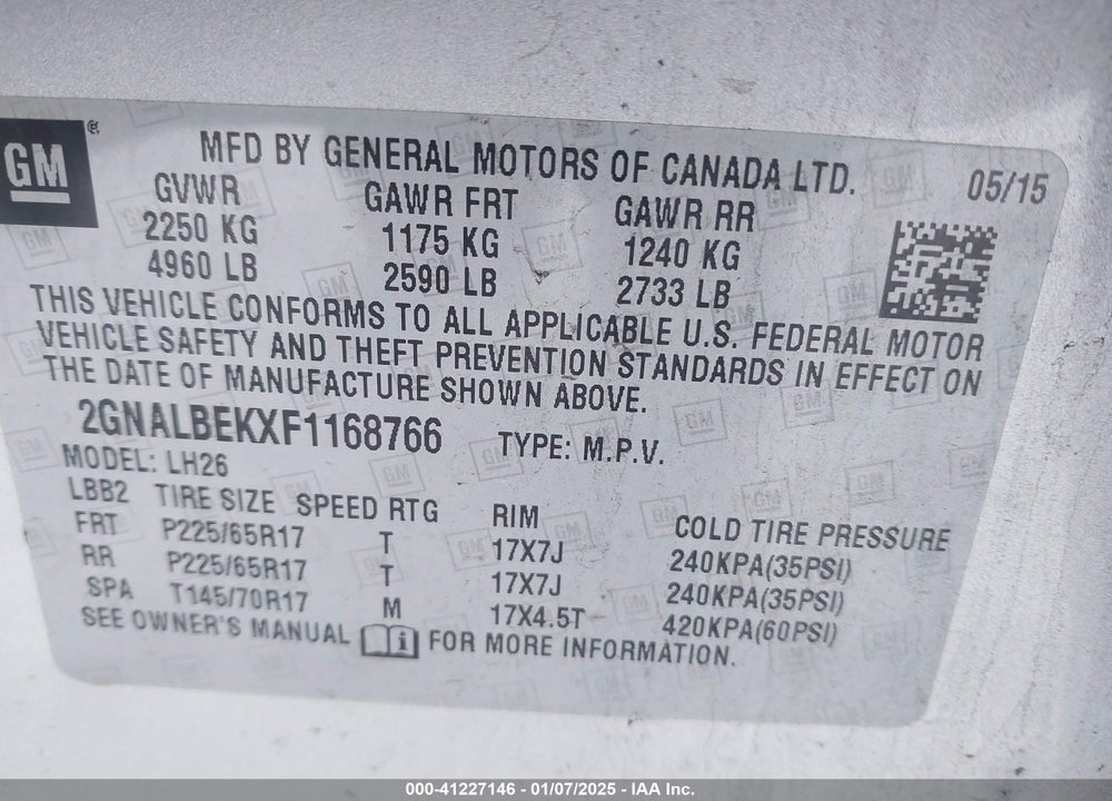 2015 CHEVROLET EQUINOX 1LT VIN: 2GNALBEKXF1168766
