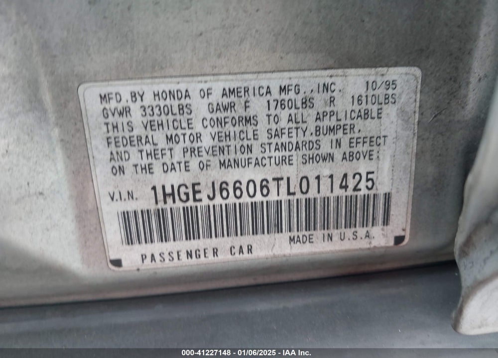 1996 HONDA CIVIC LX VIN: 1HGEJ6606TL011425