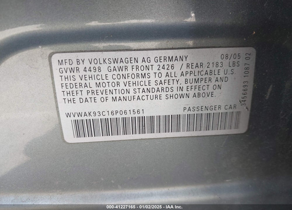 2006 VOLKSWAGEN PASSAT 2.0T VIN: WVWAK93C16P061561