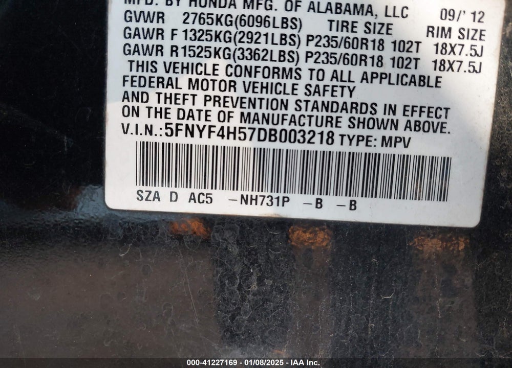 2013 HONDA PILOT EX-L VIN: 5FNYF4H57DB003218