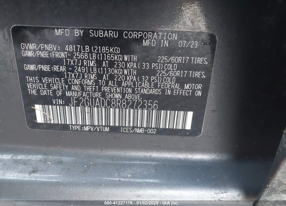 2024 SUBARU CROSSTREK VIN: JF2GUADC8R8272356