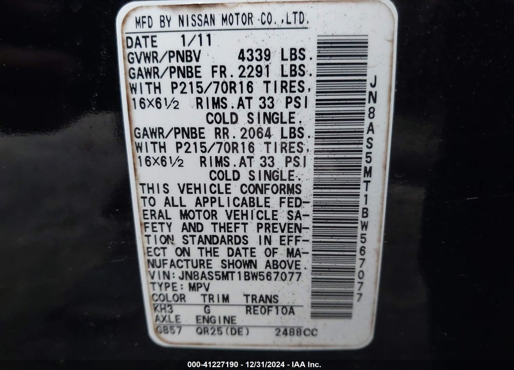 2011 NISSAN ROGUE S VIN: JN8AS5MT1BW567077
