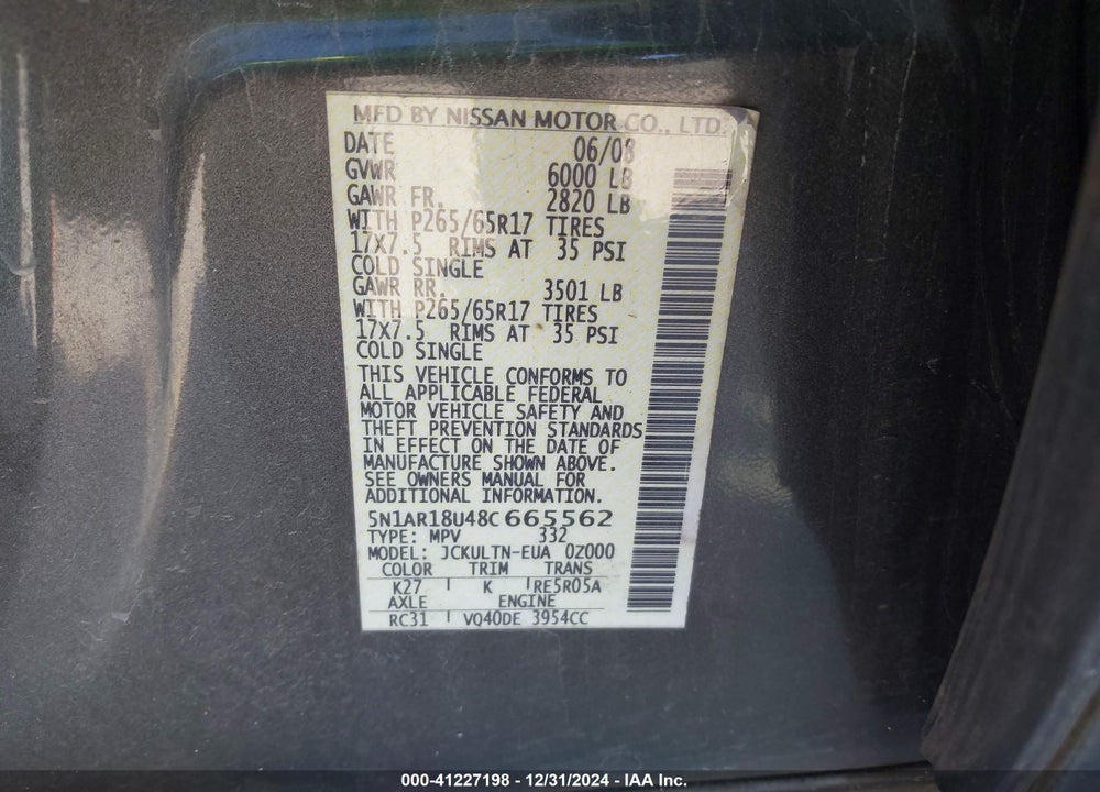 2008 NISSAN PATHFINDER SE VIN: 5N1AR18U48C665562