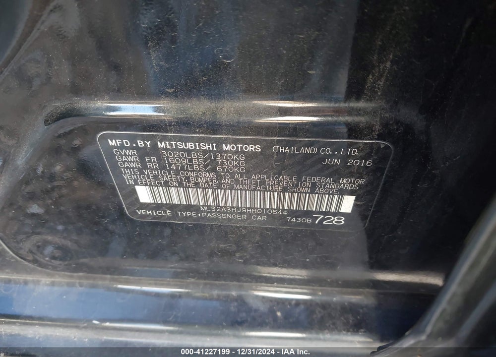 2017 MITSUBISHI MIRAGE VIN: ML32A3HJ9HH010644