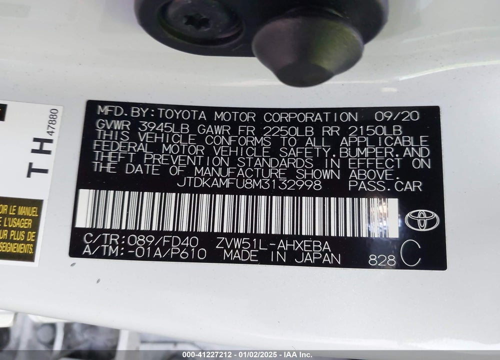 2021 TOYOTA PRIUS VIN: JTDKAMFU8M3132998