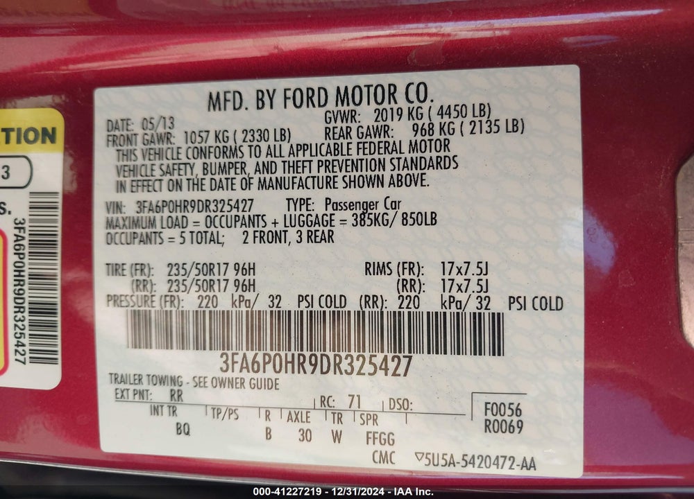 2013 FORD FUSION SE VIN: 3FA6P0HR9DR325427