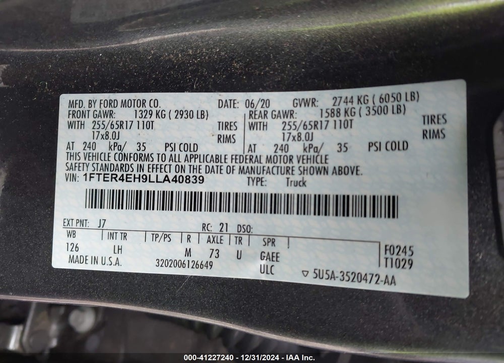 2020 FORD RANGER VIN: 1FTER4EH9LLA40839