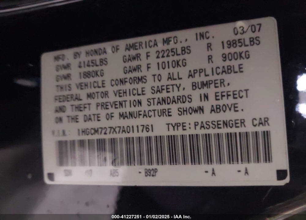 2007 HONDA ACCORD 2.4 EX VIN: 1HGCM727X7A011761