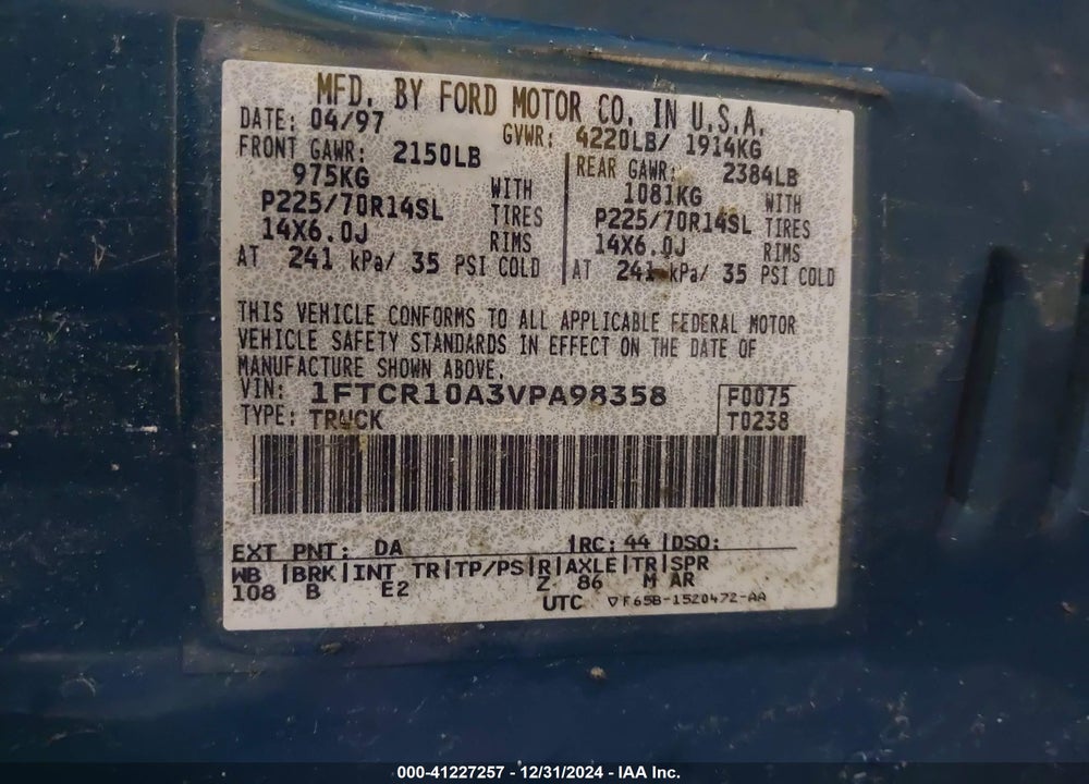 1997 FORD RANGER SPLASH/XL/XLT VIN: 1FTCR10A3VPA98358