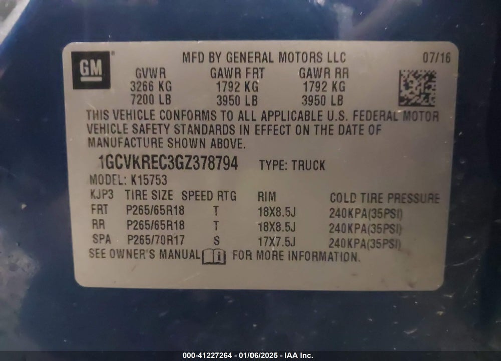 2016 CHEVROLET SILVERADO 1500 2LT VIN: 1GCVKREC3GZ378794