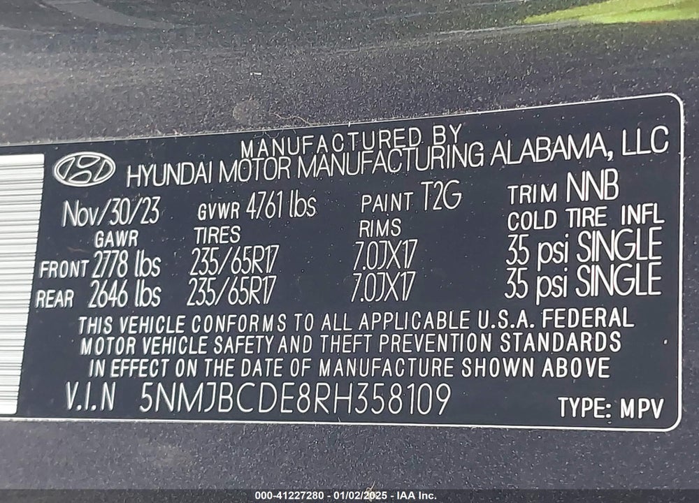 2024 HYUNDAI TUCSON SEL VIN: 5NMJBCDE8RH358109