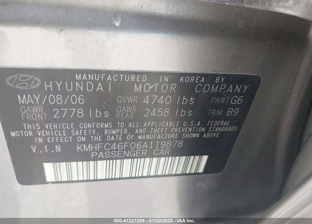 2006 HYUNDAI AZERA LIMITED/SE VIN: KMHFC46F06A119878
