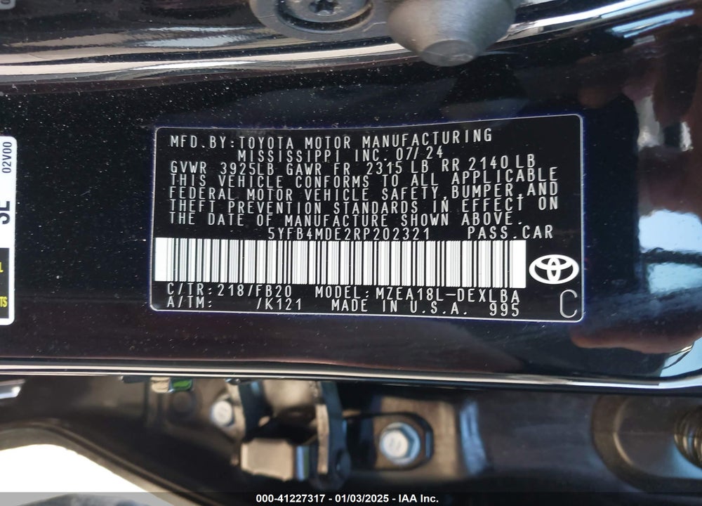 2024 TOYOTA COROLLA LE VIN: 5YFB4MDE2RP202321