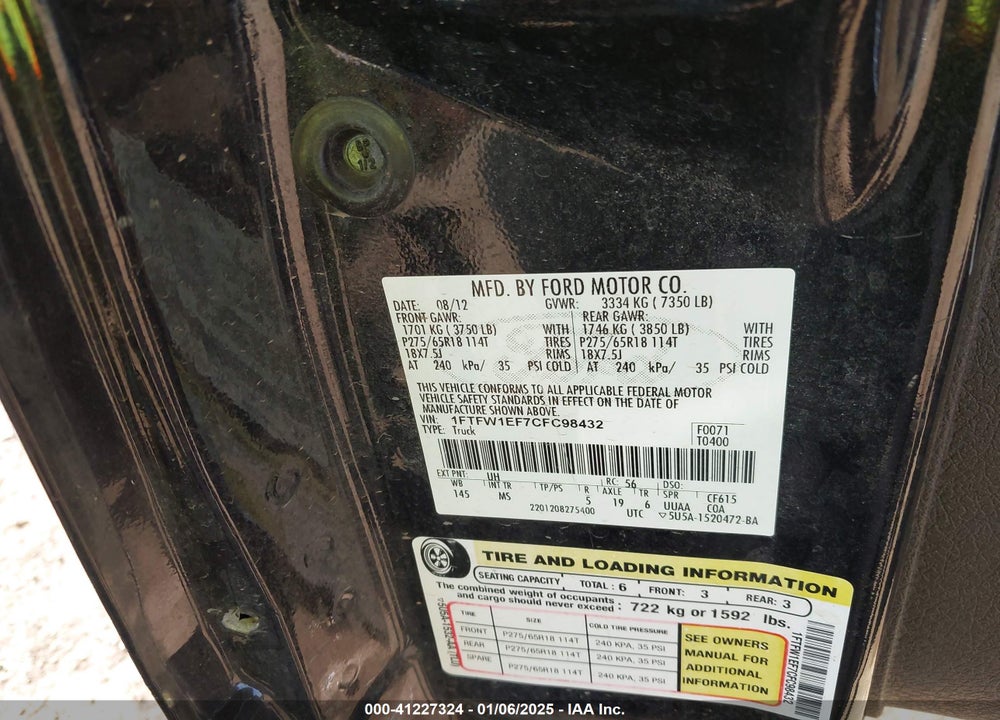 2012 FORD F150 VIN: 1FTFW1EF7CFC98432