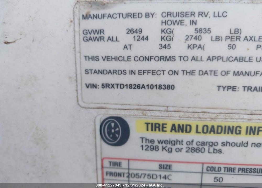 2010 CRUISER SHADOW  TRAVEL TRAILER VIN: 5RXTD1826A1018380