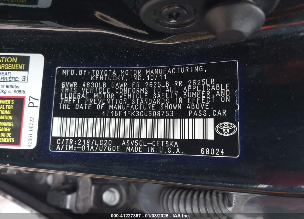 2012 TOYOTA CAMRY SE VIN: 4T1BF1FK3CU508753