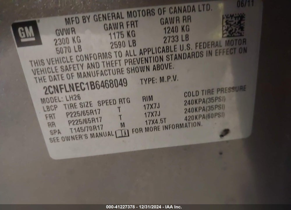 2011 CHEVROLET EQUINOX 2LT VIN: 2CNFLNEC1B6468049