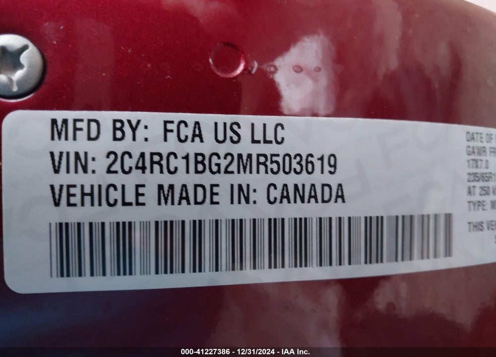 2021 CHRYSLER PACIFICA TOURING L VIN: 2C4RC1BG2MR503619