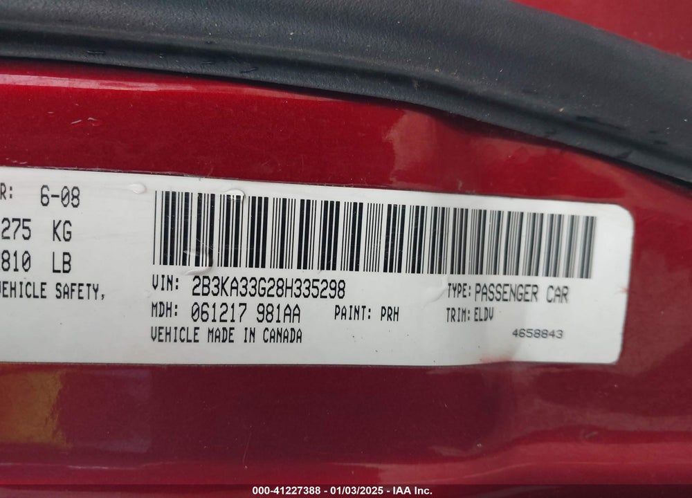 2008 DODGE CHARGER SXT VIN: 2B3KA33G28H335298