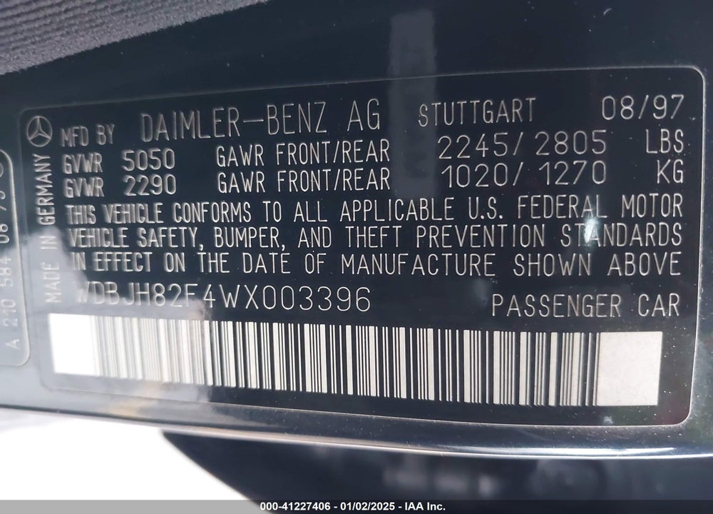 1998 MERCEDES-BENZ E 320 AWD VIN: WDBJH82F4WX003396