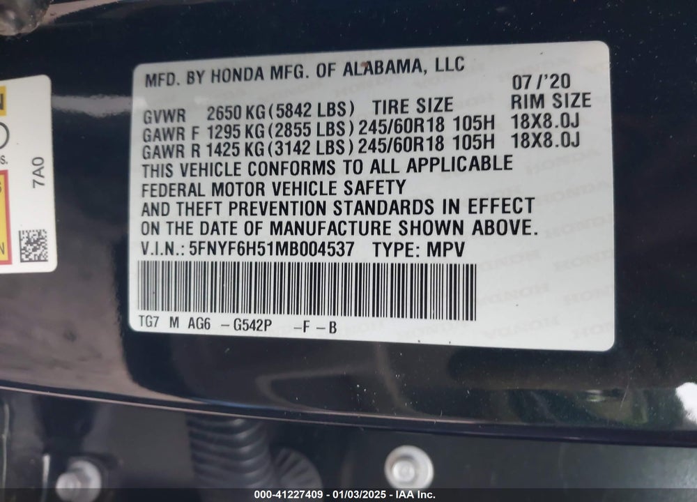 2021 HONDA PILOT AWD EX-L VIN: 5FNYF6H51MB004537