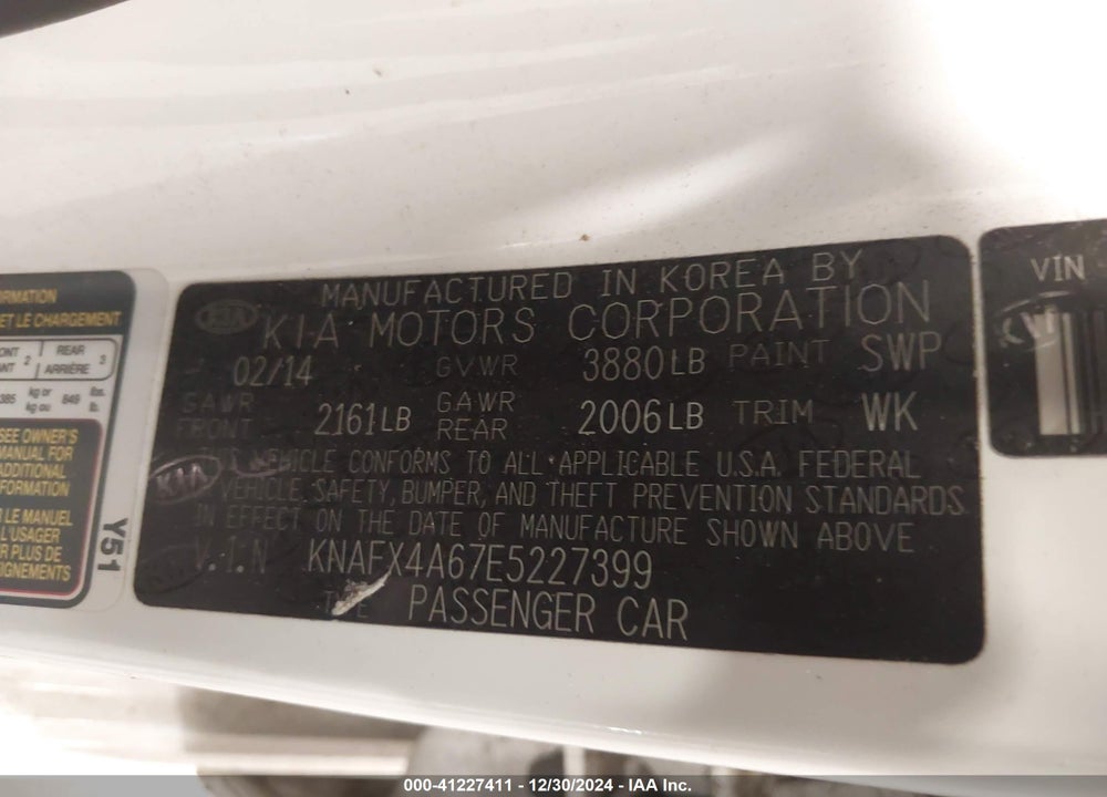 2014 KIA FORTE LX VIN: KNAFX4A67E5227399