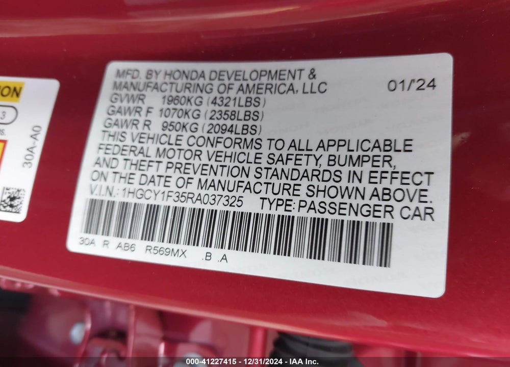 2024 HONDA ACCORD EX VIN: 1HGCY1F35RA037325