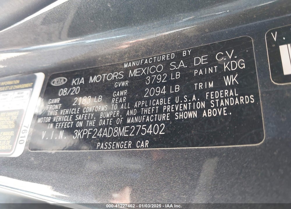 2021 KIA FORTE VIN: 3KPF24AD8ME275402