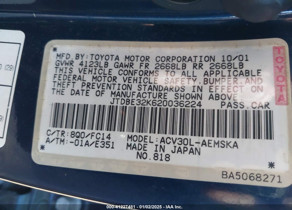 2002 TOYOTA CAMRY SE VIN: JTDBE32K620036224