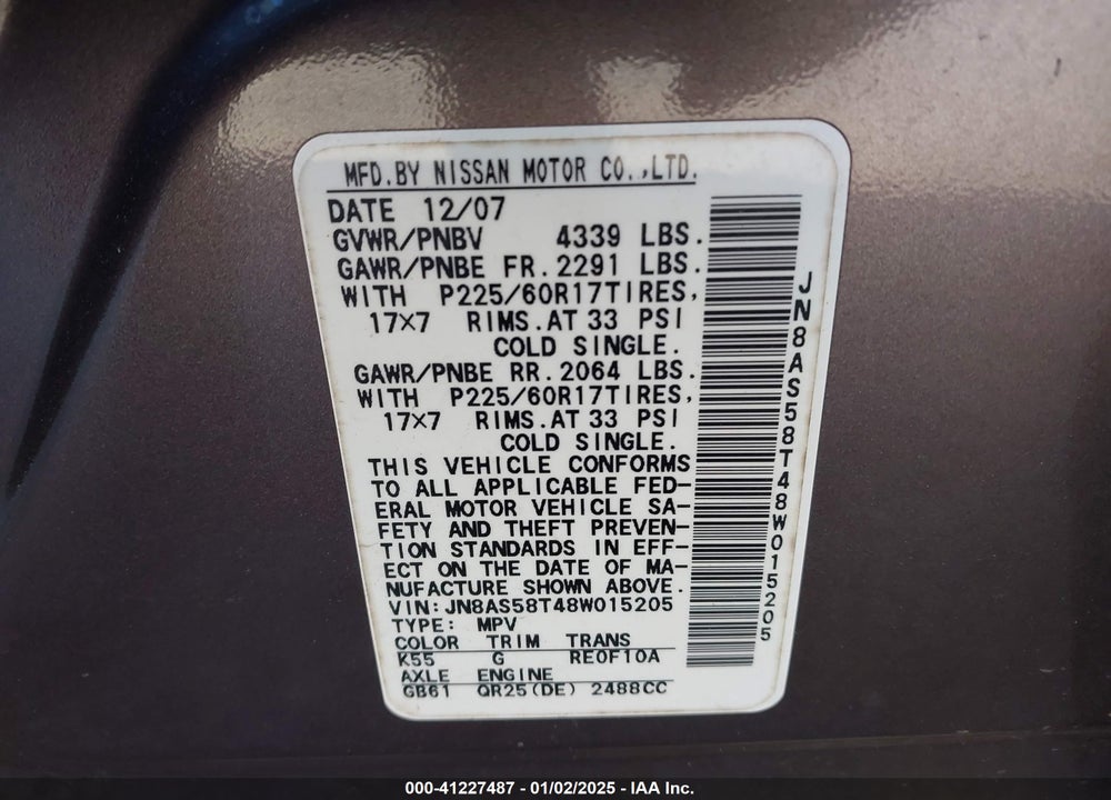 2008 NISSAN ROGUE SL VIN: JN8AS58T48W015205