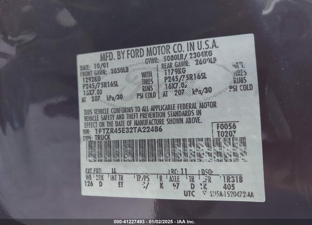 2002 FORD RANGER EDGE/XLT VIN: 1FTZR45E32TA22486