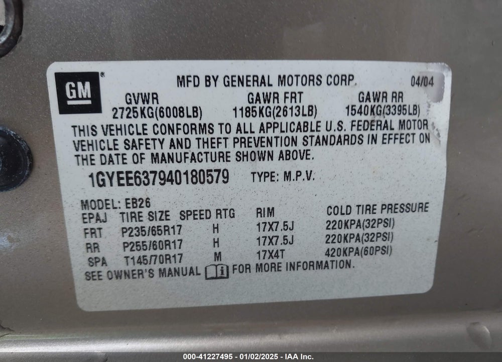 2004 CADILLAC SRX STANDARD VIN: 1GYEE637940180579
