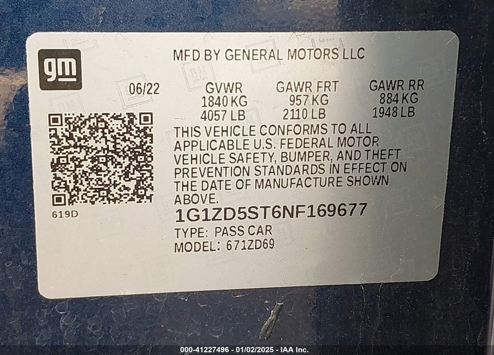 2022 CHEVROLET MALIBU FWD LT VIN: 1G1ZD5ST6NF169677