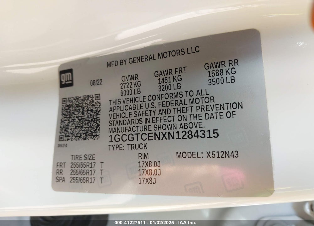 2022 CHEVROLET COLORADO VIN: 1GCGTCENXN1284315