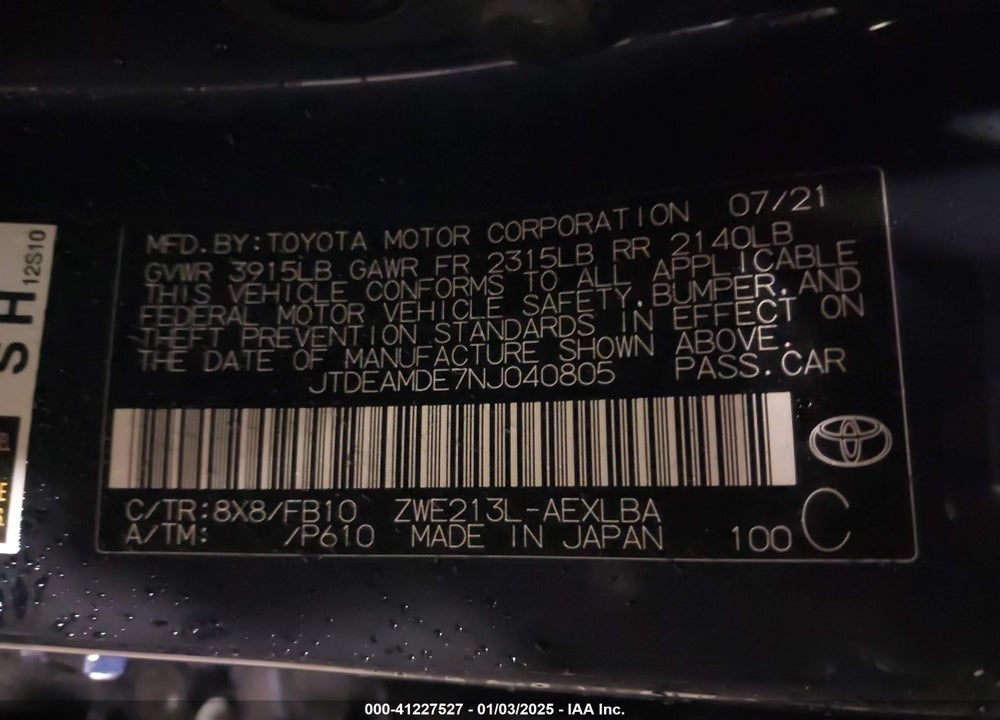 2022 TOYOTA COROLLA VIN: JTDEAMDE7NJ040805